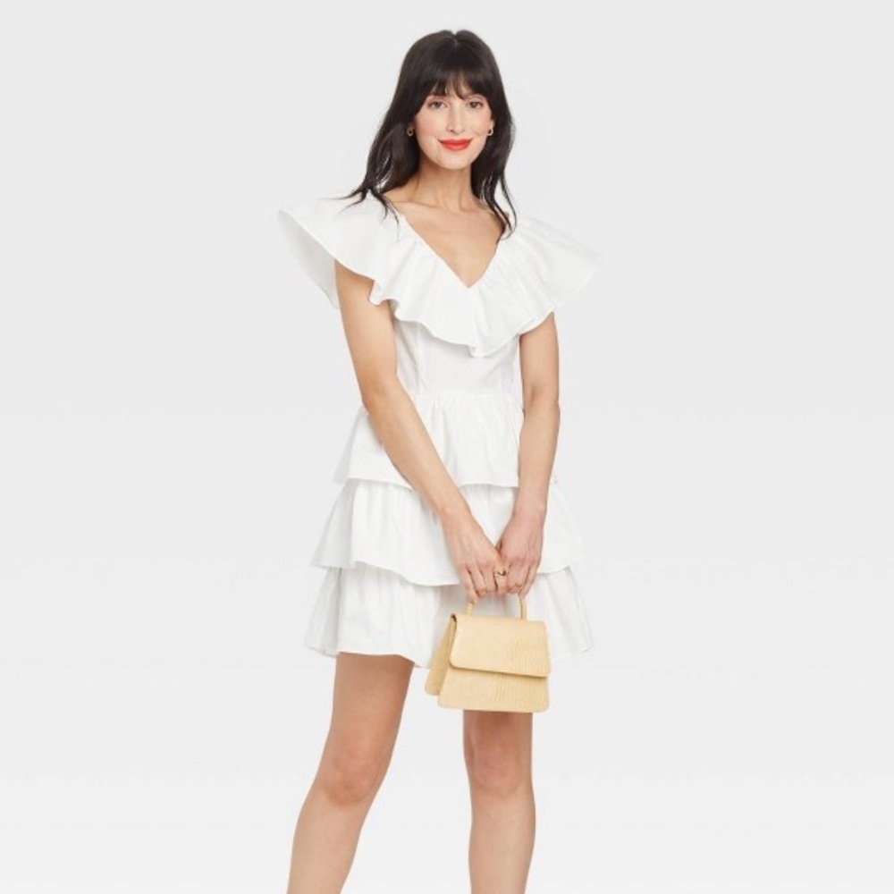 White Flutter Short Sleeve Multi Tiered Dress